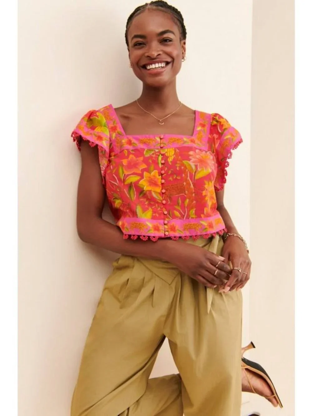 Farm Rio Tropical Print Puff Sleeve Crop Top Pink S